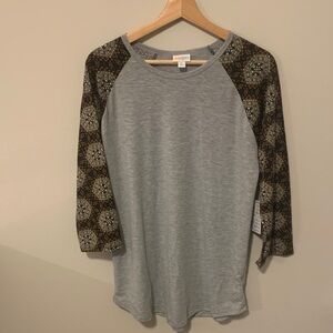 LuLaRoe Gray Top with Black and Brown Patterned Sleeves